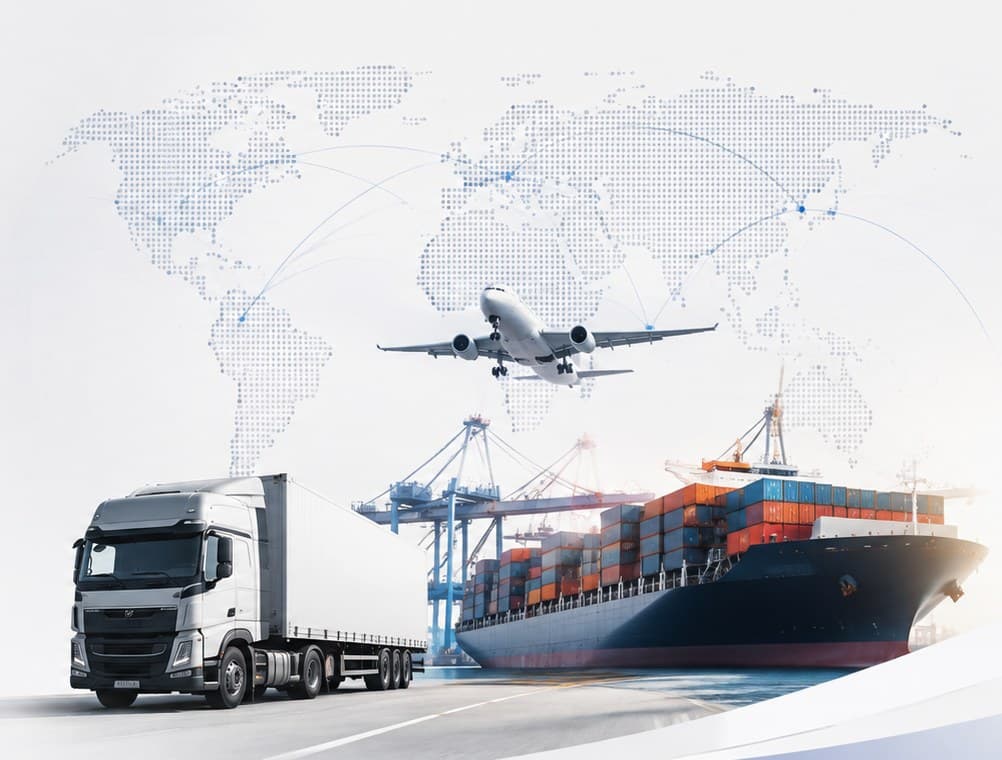 Camión, buque y avión de carga representando la cadena de suministro de Keep Logistics